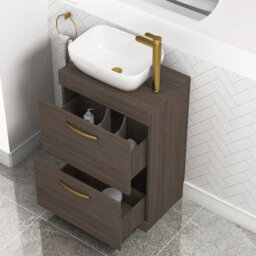 Royal Bathrooms 600mm Grey Elm 2 Drawer Free Standing Bathroom Vanity Unit With Basin & Elva Countertop Sink With Brushed Brass Handle - thumbnail 3