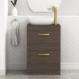 Royal Bathrooms 600mm Grey Elm 2 Drawer Free Standing Bathroom Vanity Unit With Basin & Elva Countertop Sink With Brushed Brass Handle - thumbnail 1