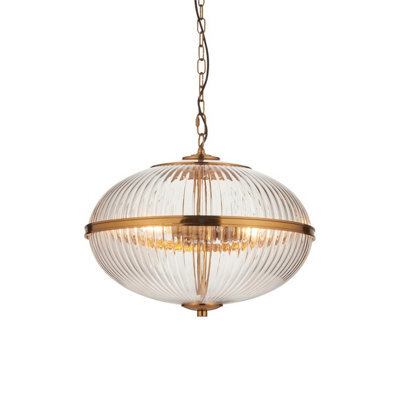 Luminosa Lighting Luminosa Somerset Spherical Pendant Ceiling Light Vintage Brass Finish & Clear Ribbed Glass 3X E14 - image 1