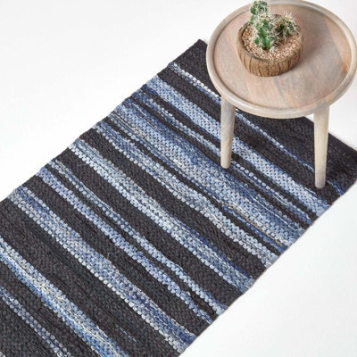 Homescapes Texas Leather & Denim Woven Striped Blue Rug, 66 X 200 Cm - image 1