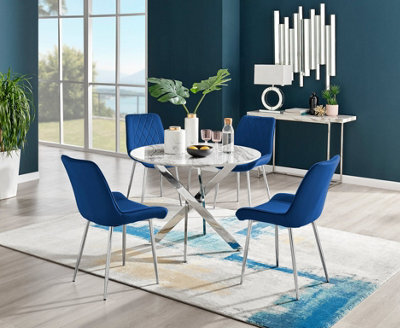 Furniturebox Novara White Marble Effect 100Cm Round Dining Table With Chrome Starburst Legs & 4 Navy Velvet Pesaro Chairs - image 1