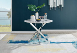 Furniturebox Novara White Marble Effect 100Cm Round Dining Table With Chrome Starburst Legs & 4 Navy Velvet Pesaro Chairs - thumbnail 3
