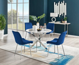 Furniturebox Novara White Marble Effect 100Cm Round Dining Table With Chrome Starburst Legs & 4 Navy Velvet Pesaro Chairs - thumbnail 1