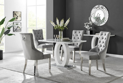Furniturebox Giovani Rectangular 4 Seat White High Gloss Unique Halo Dining Table Grey Glass Top 4 Grey Velvet Silver Leg Belgravia Chairs - image 1