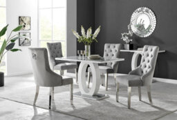 Furniturebox Giovani Rectangular 4 Seat White High Gloss Unique Halo Dining Table Grey Glass Top 4 Grey Velvet Silver Leg Belgravia Chairs