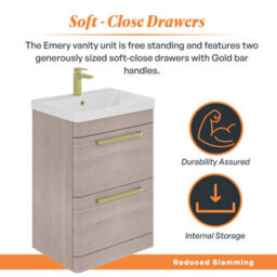 Plum&clay Emery Textured Grey Floor Standing Bathroom Vanity Unit & Basin Set With Gold Handles (W)60Cm (H)86Cm - thumbnail 4
