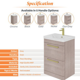 Plum&clay Emery Textured Grey Floor Standing Bathroom Vanity Unit & Basin Set With Gold Handles (W)60Cm (H)86Cm - thumbnail 5