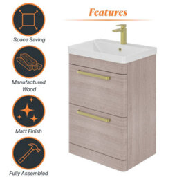 Plum&clay Emery Textured Grey Floor Standing Bathroom Vanity Unit & Basin Set With Gold Handles (W)60Cm (H)86Cm - thumbnail 6