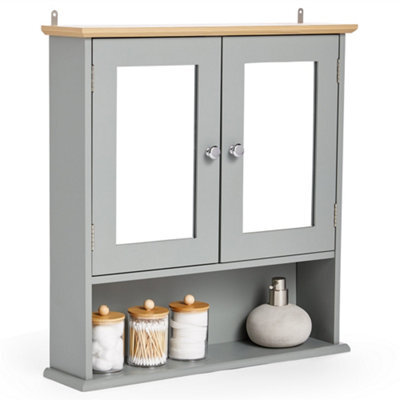 Vonhaus Bathroom Mirror Cabinet, Grey Bathroom Wall Cabinet, Wood Effect Top, 2 Door Bathroom Mirrored Cabinet, 3 Internal Shelves - image 1