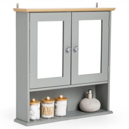 Vonhaus Bathroom Mirror Cabinet, Grey Bathroom Wall Cabinet, Wood Effect Top, 2 Door Bathroom Mirrored Cabinet, 3 Internal Shelves