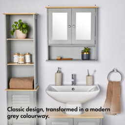 Vonhaus Bathroom Mirror Cabinet, Grey Bathroom Wall Cabinet, Wood Effect Top, 2 Door Bathroom Mirrored Cabinet, 3 Internal Shelves - thumbnail 2