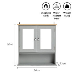 Vonhaus Bathroom Mirror Cabinet, Grey Bathroom Wall Cabinet, Wood Effect Top, 2 Door Bathroom Mirrored Cabinet, 3 Internal Shelves - thumbnail 5