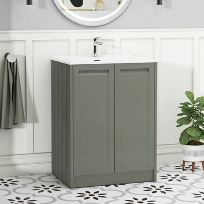 Royal Bathrooms Elmore 600mm Traditional Floor Standing 2 Door Bathroom Vanity Unit With Ceramic Basin Sink - Matt Green - image 1