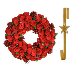 Dibor 35Cm Red Crimson Rose Front Door Christmas Wreath With Star Wreath Hanger