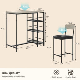 Grey Modern 3 Piece Dining Table Set For Two With Built In Wine Rack - thumbnail 2