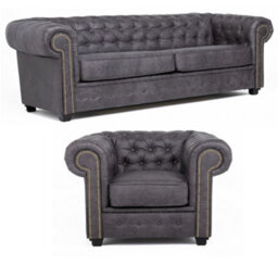Astor Chesterfield Style Sofa Set 3+1 Seater Armchair Grey Faux Leather - thumbnail 1