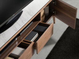 Angel Cerda Elegant Walnut Tv Stand With Glass Top Imitating Marble Finish - thumbnail 4