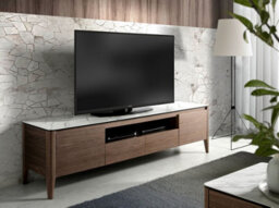 Angel Cerda Elegant Walnut Tv Stand With Glass Top Imitating Marble Finish - thumbnail 2
