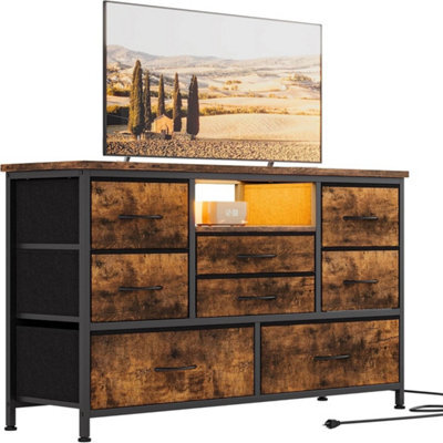Rustic Brown Modern Tv Cabinet With 8 Fabric Drawers Led Lights Power Socket Bedroom Storage - image 1