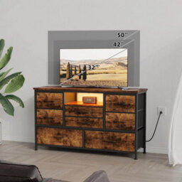 Rustic Brown Modern Tv Cabinet With 8 Fabric Drawers Led Lights Power Socket Bedroom Storage - thumbnail 3