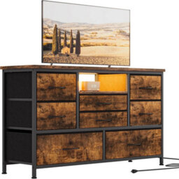 Rustic Brown Modern Tv Cabinet With 8 Fabric Drawers Led Lights Power Socket Bedroom Storage - thumbnail 1