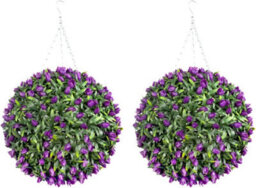 Pair Of Best Artificial 38Cm Purple Lush Tulip Hanging Basket Flower Topiary Ball - Weather & Fade Resistant