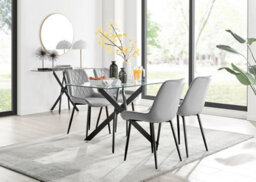 Furniturebox Leonardo 4 Seater Rectangular Glass Dining Table With Silver Metal Legs & 4 Grey Pesaro Velvet Black Leg Chairs