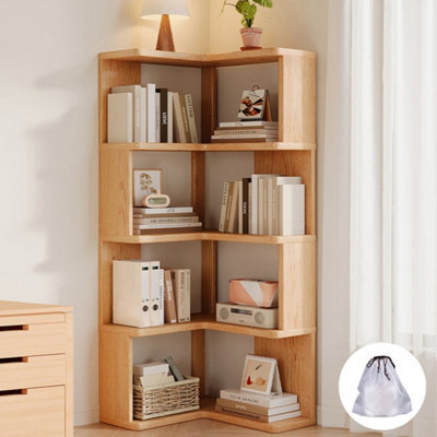 4 Tier Wooden Corner Bookcase, Freestanding L-Shaped Storage Unit In Rustic Wood Effect - image 1