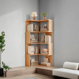 4 Tier Wooden Corner Bookcase, Freestanding L-Shaped Storage Unit In Rustic Wood Effect - thumbnail 3