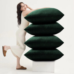 Ameha Dark Green Plain Velvet Cushions Set, 18X18 Inch, Includes 4 Filled Cushions & 4 Covers, Breathable & Anti Allergic - thumbnail 7