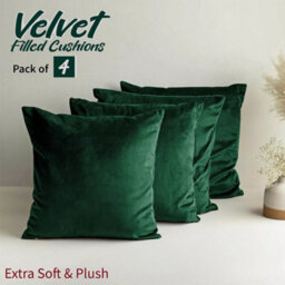 Ameha Dark Green Plain Velvet Cushions Set, 18X18 Inch, Includes 4 Filled Cushions & 4 Covers, Breathable & Anti Allergic - thumbnail 1