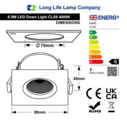 Long Life Lamps Company 6.5W Adjustable Square Led Recessed Ceiling Downlight 4000K Cls9 - thumbnail 2