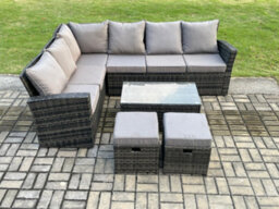Fimous 8 Seater Outdoor Furniture Garden Dining Set Rattan Corner Sofa Set With Rectangular Coffee Table 2 Small Footstools - thumbnail 2