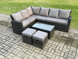 Fimous 8 Seater Outdoor Furniture Garden Dining Set Rattan Corner Sofa Set With Rectangular Coffee Table 2 Small Footstools - thumbnail 1