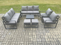 Fimous Aluminium Patio Outdoor Garden Furniture Lounge Sofa Set With Square Coffee Table 2 Chairs 2 Small Footstool Dark Grey - thumbnail 2