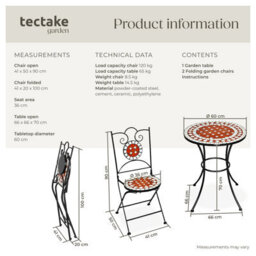 Tectake Bistro Set Outdoor Patio Garden Furniture Mosaic Table And 2 Chairs Metal - Brown - 1 - thumbnail 6