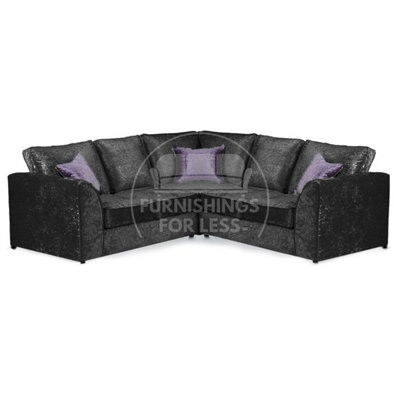 Furnishings For Less UK Crystal Crushed Velvet Fabric 5 Seater L Shaped Corner Sofa  Black - Full Back - image 1