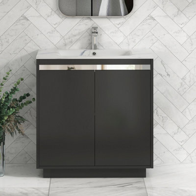 Royal Bathrooms Orion 800mm Matt Obsidian Black 2 Door Floor Standing Vanity Unit With Carrara White Basin & Chrome Accent Trim - image 1