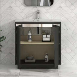 Royal Bathrooms Orion 800mm Matt Obsidian Black 2 Door Floor Standing Vanity Unit With Carrara White Basin & Chrome Accent Trim - thumbnail 4