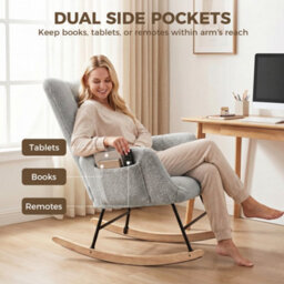 Homcom Wingback Tufted Fleece Rocking Chair With Side Pockets, Light Grey - thumbnail 7