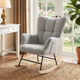 Homcom Wingback Tufted Fleece Rocking Chair With Side Pockets, Light Grey - thumbnail 9