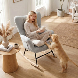 Homcom Wingback Tufted Fleece Rocking Chair With Side Pockets, Light Grey - thumbnail 8