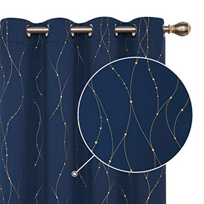 Deconovo Gold Dotted Line Foil Printed Blackout Curtains Eyelet Curtains For Living Room, 46 X 72 Inch(W X L), Navy Blue, 2 Panels - image 1