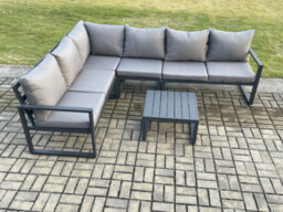 Fimous Aluminium Garden Furniture Set Outdoor Lounge Corner Sofa Square Coffee Table Sets Dark Grey 6 Seater - thumbnail 2