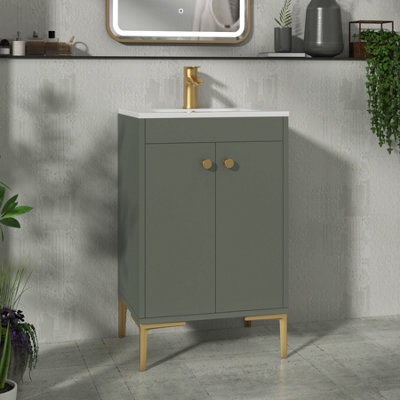 Royal Bathrooms Verona 500mm Matt Green Floor Standing Bathroom Vanity Unit 2 Door With Minimalist Basin & Brushed Brass Knob - image 1