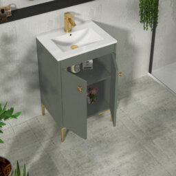 Royal Bathrooms Verona 500mm Matt Green Floor Standing Bathroom Vanity Unit 2 Door With Minimalist Basin & Brushed Brass Knob - thumbnail 5