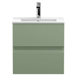 Balterley Mavesyn Contemporary 2 Drawer Wall Hung Vanity Unit With Minimalist Basin, Satin Green, 500mm - thumbnail 1