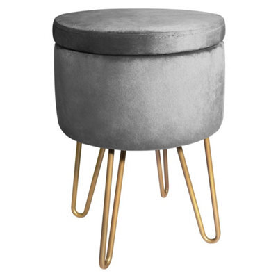 Grey Velvet Dressing Table Stool, Round Vanity Stool With Storange For Bedroom - image 1