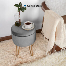 Grey Velvet Dressing Table Stool, Round Vanity Stool With Storange For Bedroom - thumbnail 2