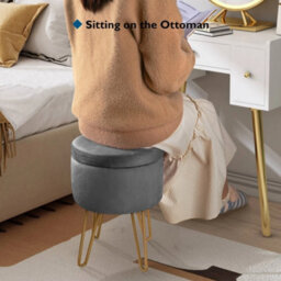 Grey Velvet Dressing Table Stool, Round Vanity Stool With Storange For Bedroom - thumbnail 5